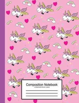 Paperback Composition Notebook: Cute Fliying Unicorn With Pink Background Wide Ruled Primary for Girls Kids Elementary Student Teacher School Supplies Book