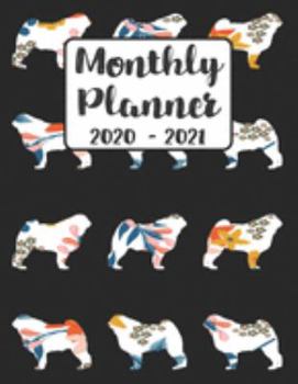 Paperback Monthly Planner 2020-2021: Floral Pug Dog - Two Year Calendar Organizer Agenda with Notes, Address, Password, & Dot Grid Pages Book