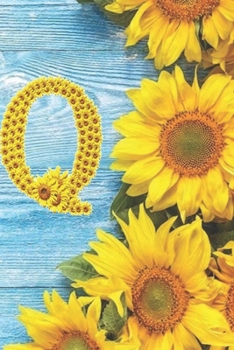 Q: Sunflower Personalized Initial Letter Q Monogram Blank Lined Notebook,Journal and Diary with a Rustic Blue Wood Background
