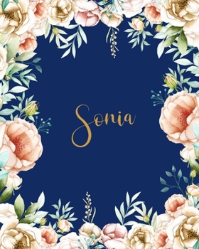 Sonia Dotted Journal: Personalized Dotted Notebook Customized Name Dot Grid Bullet Journal Diary Paper Gift for Teachers Girls Womens Friends School Supplies Birthday Floral Gold Dark Blue