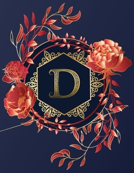 Paperback Journal Notebook Initial Letter "D" Monogram: Elegant, Decorative Wide-Ruled Diary. Featuring Unique Red/Peach Roses & leaf design, Navy Blue Backgrou Book