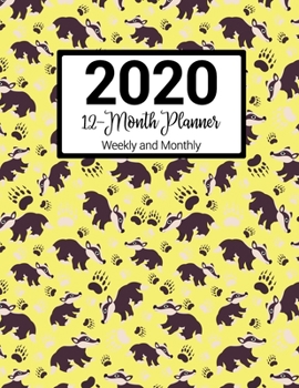 2020 12-Month Planner Weekly and Monthly: Yellow Badger Pattern With Daily Goals and Meal Planner