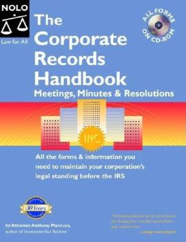 Paperback Corporate Records Handbook "With CD": Meetings, Minutes & Resolutions "With CD" [With CDROM] Book