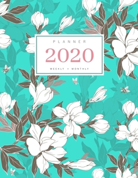 Planner 2020 Weekly Monthly: 8.5 x 11 Full Year Notebook Organizer Large | 12 Months - Jan to Dec 2020 | Vintage Magnolia Flower Buds Design Turquoise