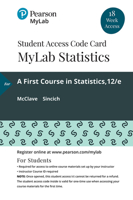 Mylab Statistics with Pearson Etext -- 18 Week Standalone Access Card -- For a First Course in Statistics 0135834287 Book Cover