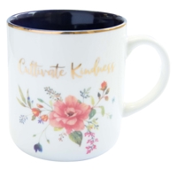Cultivate Kindness Inspirational Ceramic Coffee Mug for Women Floral Purple & Ivory Cup for Coffee/Tea, 14oz