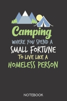 Camping - where you spend a small fortune to live like a homeless person: Notebook with 120 blank pages in 6x9 inch format 1708007571 Book Cover