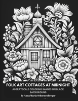 FOLK ART COTTAGES AT MIDNIGHT - AI Grayscale Coloring Book: on Black Background B0CRL187BM Book Cover