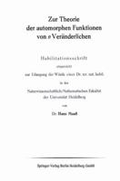 Zur Theorie Der Automorphen Funktionen Von N Veranderlichen 3662279185 Book Cover