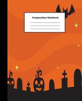 Composition Notebook: Orange Tone Halloween Mansion and Tombstones Wide Ruled Paper 1726862062 Book Cover