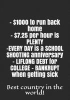 - $1000 to run back home - $7.25 per hour is PLENTY. -EVERY DAY is a SCHOOL SHOOTING anniversary. - LIFLONG DEBT for COLLEGE - BANKRUPT when getting sick: Best country in the world! B084DG7HG3 Book Cover