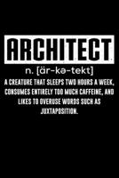 Architect A Creature That Sleeps Two Hours A Week, Consumes Entirely Too Much Caffeine, And Likes To Overuse Words Such As Juxtaposition.: Lined A5 Notebook for Architect Journal 1697913237 Book Cover