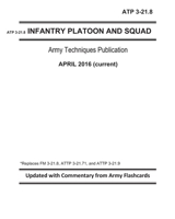 ATP 3-21.8 | Infantry Platoon and Squad | Army Techniques Publication | April 2016 (current) | Replaces FM 3-21.8, ATTP 3-21.71, and ATTP 3-21.9 | Updated with commentary from Army Flashcards 1095269259 Book Cover