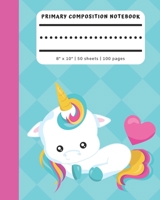 Primary Composition Notebook: With Picture Space - Unruled Top (Half Blank), Dotted Midline Ruled Bottom | Baby Unicorn Pink Heart Notebook with Blue ... (Early Childhood Learning Composition Books) 1686030940 Book Cover