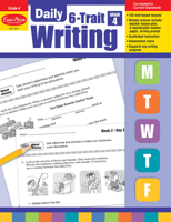Evan-Moor Daily 6-Trait Writing, Grade 4 Homeschooling & Classroom Resource Workbook, Reproducible Worksheets, Teaching Edition, Lesson Plans, Ideas, Organization, Word Choice, Sentence Fluency, Voice 1596732881 Book Cover