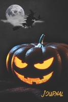 Journal: Halloween Spooky Jack-o'-Lantern Witch On A Broom Full Moon - Planner Journal Notebook - Wide Ruled - 6 x 9 Lined 120 pages 1688226222 Book Cover