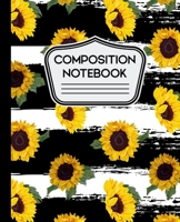 Composition Notebook: Sunflowers Pattern on Black and White Striped Background - 7.5" X 9.25" - Wide Ruled 110 Pages 168690990X Book Cover