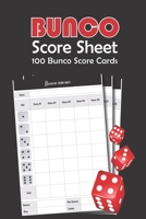 Bunco Score Sheets: 100 Score Cards for all Game Lovers | 101 pages, 6"x9" | Paperback | Bunco Party Supplies, dice game | on the cover : black background with three red dice and scorecards 167289543X Book Cover
