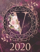 2020 Weekly Planner - Monogram Initial V: 12-Month Large Print Rose Gold Glitter Purple Letter-Sized A4 Schedule Organizer by 52 Week Cornell Notes Monthly Calendar Designed in USA floral purple scrol 1651068577 Book Cover