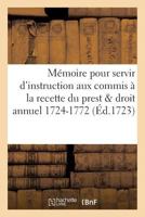 Ma(c)Moire Pour Servir D'Instruction Aux Commis a la Recette Du Prest & Droit Annuel 1724-1772 2013744692 Book Cover