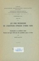 Les Cinq Recensions de L'Asceticon Syriaque D'Abba Isaie, I: Introduction Au Probleme Isaien, Version Des Logoi I-XIII Avec Des Paralleles Grecs Et La 9042903341 Book Cover