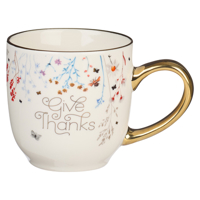 Christian Art Gifts Ceramic Coffee and Tea Mug for Women: Give Thanks - 1 Thessalonians 5:18 Inspirational Bible Verse, White Golden Floral, 12 Fl. Oz