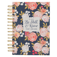 Christian Art Gifts Inspirational Journal, Be Still & Know That I Am God Wide Ruled Notebook, Ps. 46:10 Bible Verse, Navy Blue/Pink Florals, 192 Lined Pages w/scripture, (8.4” x 6.4” x 1”) B0DZKLPRM2 Book Cover