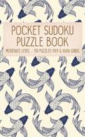 Pocket Sudoku Puzzle Book: Moderate Level - 150 puzzles 9x9 & 16x16 grids Koi Fish Pattern Blue Travel Size Paperback Notebook 1083078720 Book Cover