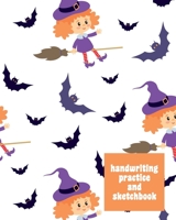 Handwriting Practice and Sketchbook: Large Primary Composition Book for Penmanship, Drawing, and Writing Stories with Cute Flying Witch and Bat Pattern Cover in Purple 1690869704 Book Cover