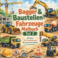 Bagger & Baustellen-Fahrzeuge Malbuch Teil 2: 32 wunderschöne Aquarellbilder und 32 passende Ausmalbilder für kleine Baustellenfans (German Edition) 3695765275 Book Cover