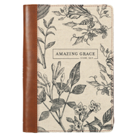 Christian Art Gifts Scripture Journal Brown/Cream Floral Printed Amazing Grace 2 Cor. 12:9 Bible Verse Inspirational Faux Leather Notebook, Zipper Closure, 336 Ruled Pages, Ribbon 163952276X Book Cover