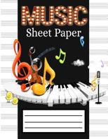 Music Sheet Paper: Music Manuscript Paper, Staff Paper, Musicians Notebook Perfect for Learning (100 pages, 12 Staves per Page) Awesome Retro Piano Guitar Black Cover 1083155547 Book Cover