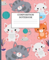 COMPOSITION NOTEBOOK: CUTE KAWAII CARTOON KITTENS & THEIR TOYS PINK & BLUE DOTS PRINT DESIGN COVER | 7.5 x 9.25" WIDE-RULED PAGES | WORKBOOK, JOURNAL, ... BELONG TO PAGE AND CLASS SCHEDULE PAGE 1673298265 Book Cover