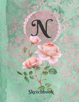 Basics Sketchbook For Drawing - Personalized Monogrammed Letter N: Framed White Pages Drawing Notebook of Green and Pink Damask Lace with Roses on Glossy Cover 1792614926 Book Cover
