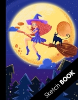 Sketch Book: Halloween Gifts for Girls and Women: Pruple Witch on Broom with Black Cat, Large Blank Sketchbook For Girls: Perfect For Sketching Drawing and Crayon Coloring 1693549255 Book Cover