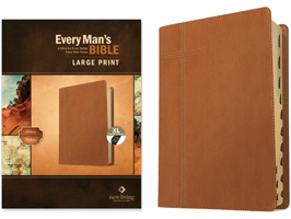 Every Man's Bible Nlt, Large Print (Leatherlike, Pursuit Saddle Tan, Indexed) 1496466373 Book Cover