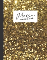 Music notebook: wide staff manuscript paper | 8.5x11 | 120 pages | 8 staves per page | easy to write on | shiny & shimmery gold hexagonal flakes | perfect for students, musicians and composers 1696205271 Book Cover