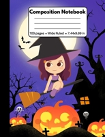 Composition Notebook: Awesome Halloween Gifts for Girls and Women : Cute Purple Halloween Girl on Broom, Composition Book, Back to School Work or Home, 100 pages 1693529939 Book Cover