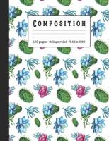 Composition: Wide ruled education composition notebook for school and college students and teachers - White green, turquoise and purple floral contemporary graphic cover art design 1080338594 Book Cover