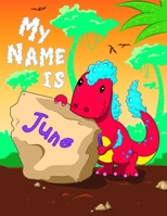 My Name is June: 2 Workbooks in 1! Personalized Primary Name and Letter Tracing Book for Kids Learning How to Write Their First Name and the Alphabet with Cute Dinosaur Theme, Handwriting Practice Pap 1692378244 Book Cover