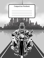 Composition Notebook: Funny Pug Notebook - Wide Ruled Paper Notebook, Cute Dog Motorcycle Pug Exercise Book for teen Boys Girls for School Home Work or Office - Grey Composition Book for College High 1088925723 Book Cover